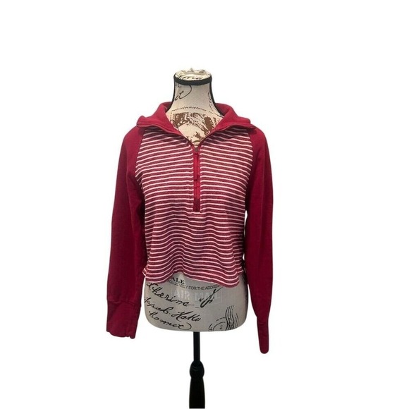 Anthropologie Pilcro Women's M Pink & White Striped‎ Half Zip Cropped Sweater - Picture 1 of 12